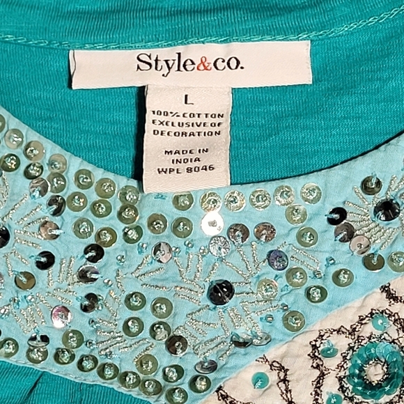 Style & co.  Beads, Sequins & Embroidered Turquoise Cotton Top (L) - Picture 7 of 9